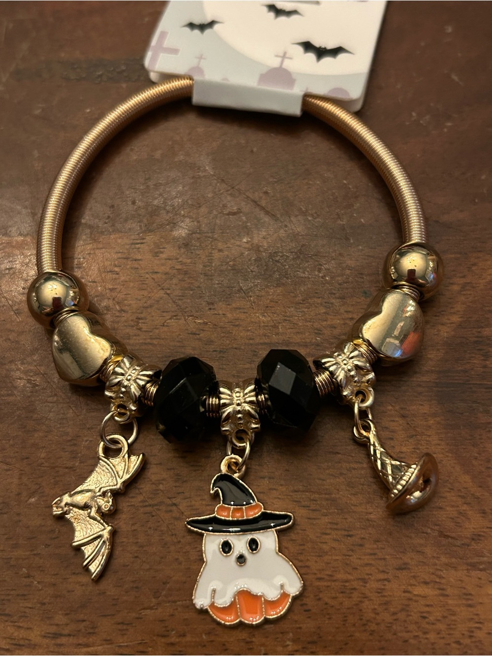 Halloween Ghost 👻 Stretch Charm Bracelet - Black and Orange 🎃 Gold-tone